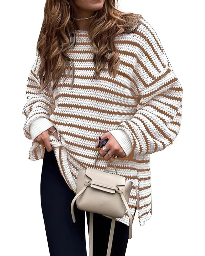 Women's 2024 Fall Winter Oversized Long Sleeve Striped Sweater Casual Crewneck Side Split Pullover Knit Tops Striped Brown $2...