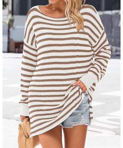 Women's 2024 Fall Winter Oversized Long Sleeve Striped Sweater Casual Crewneck Side Split Pullover Knit Tops Striped Brown $2...