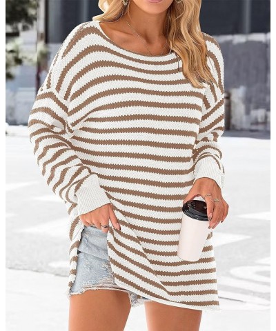 Women's 2024 Fall Winter Oversized Long Sleeve Striped Sweater Casual Crewneck Side Split Pullover Knit Tops Striped Brown $2...