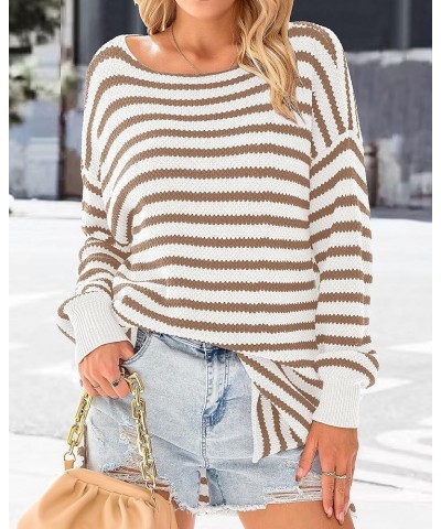 Women's 2024 Fall Winter Oversized Long Sleeve Striped Sweater Casual Crewneck Side Split Pullover Knit Tops Striped Brown $2...