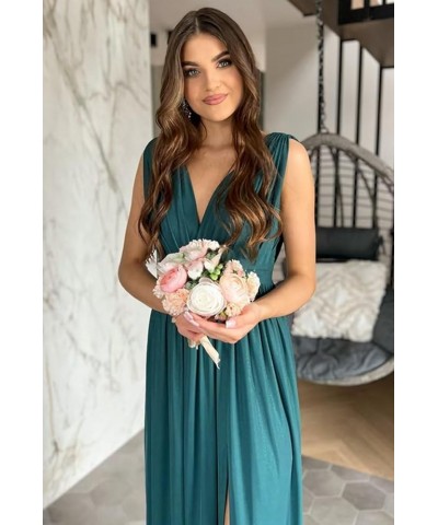 Spaghetti Strap Bridesmaid Dresses for Women 2023 Long Chiffon A Line V Neck Side Slit Prom Evening Gown for Wedding Light Li...