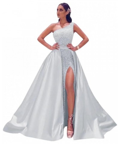 Prom Dresses Long Ball Gown Sparkly Sequin One Shoulder Satin Slit A Line Evening Party Dress for Women Formal Silver $31.77 ...