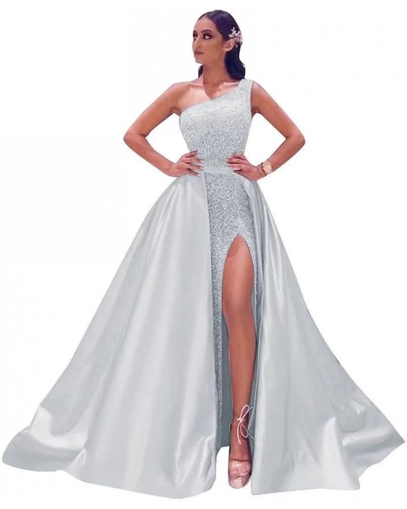 Prom Dresses Long Ball Gown Sparkly Sequin One Shoulder Satin Slit A Line Evening Party Dress for Women Formal Silver $31.77 ...