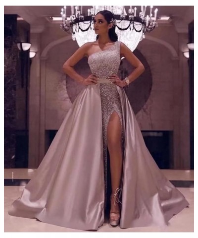 Prom Dresses Long Ball Gown Sparkly Sequin One Shoulder Satin Slit A Line Evening Party Dress for Women Formal Silver $31.77 ...