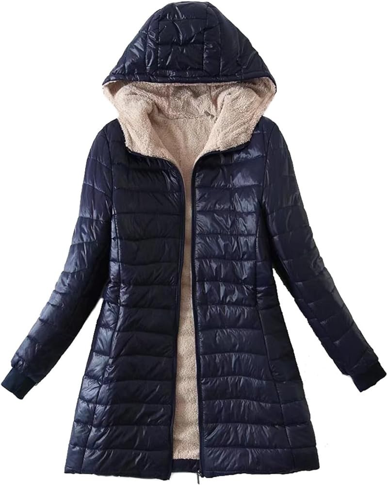 Womens Plus Fleece Jacket Lamb Fleece Coat Long Sleeve Hooded Coat Winter Warm Coat Lightweight Fashion Coats Outwear Navy $1...