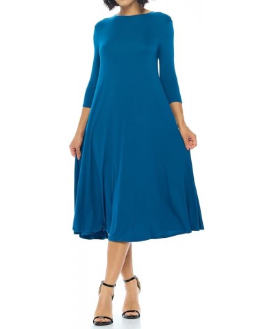 Women's Flowy A-Line Swing Midi Dress Three-Quarter Sleeve Casual Formal Dark Teal $23.00 Dresses