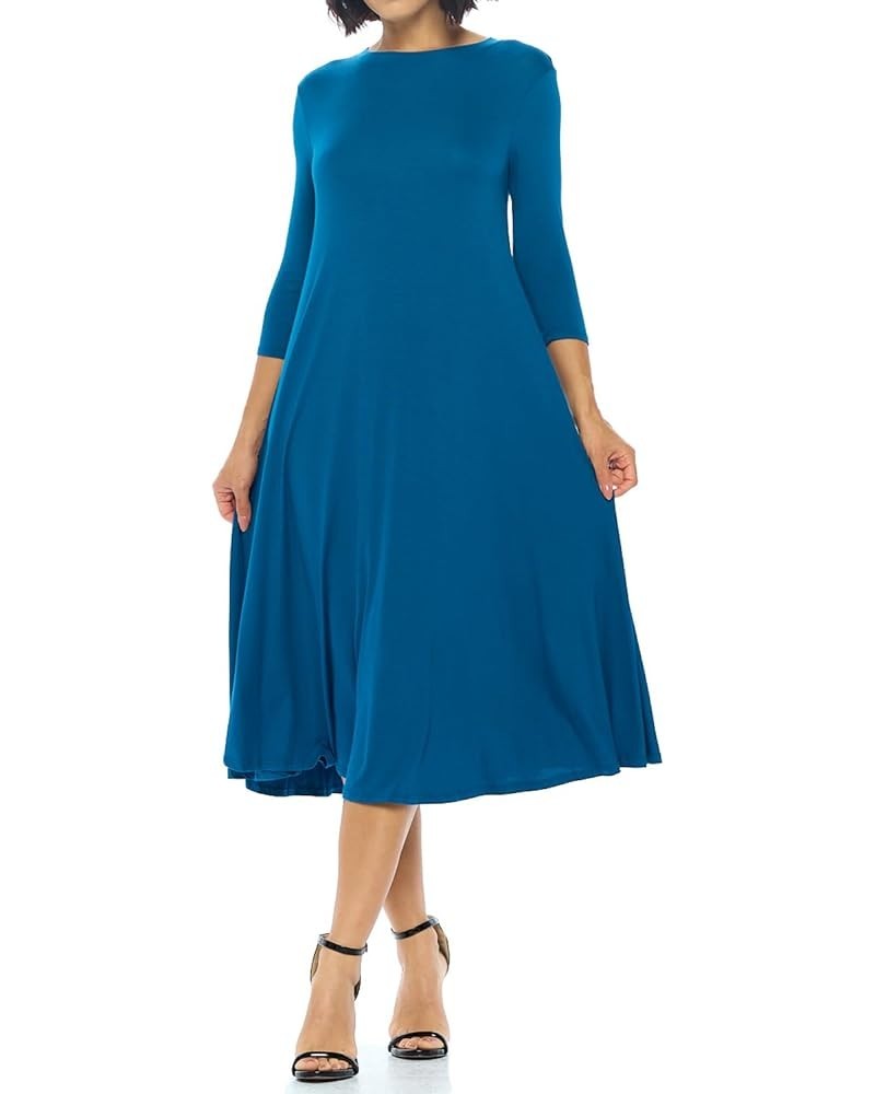 Women's Flowy A-Line Swing Midi Dress Three-Quarter Sleeve Casual Formal Dark Teal $23.00 Dresses