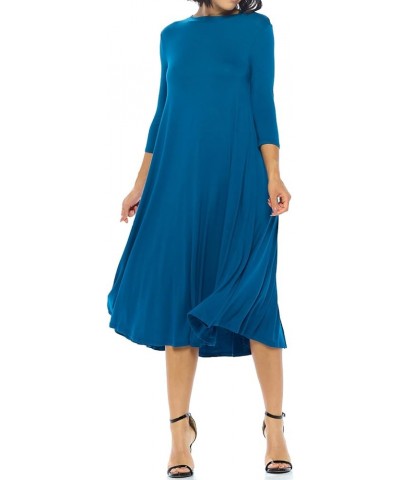 Women's Flowy A-Line Swing Midi Dress Three-Quarter Sleeve Casual Formal Dark Teal $23.00 Dresses