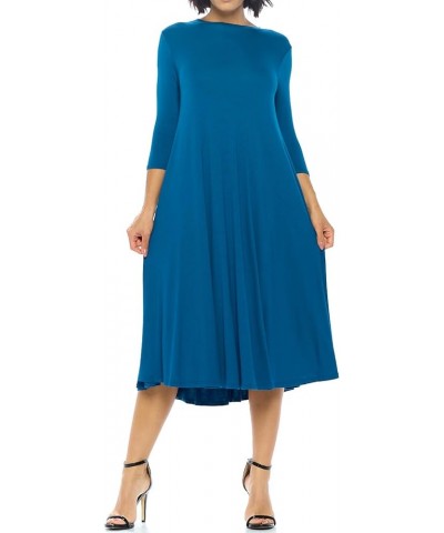 Women's Flowy A-Line Swing Midi Dress Three-Quarter Sleeve Casual Formal Dark Teal $23.00 Dresses