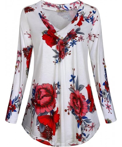 Women's Roll-up Long Sleeve Tunic Tops Solid/Stripe/Floral V Neck Casual Blouses Shirts White $12.90 Tops