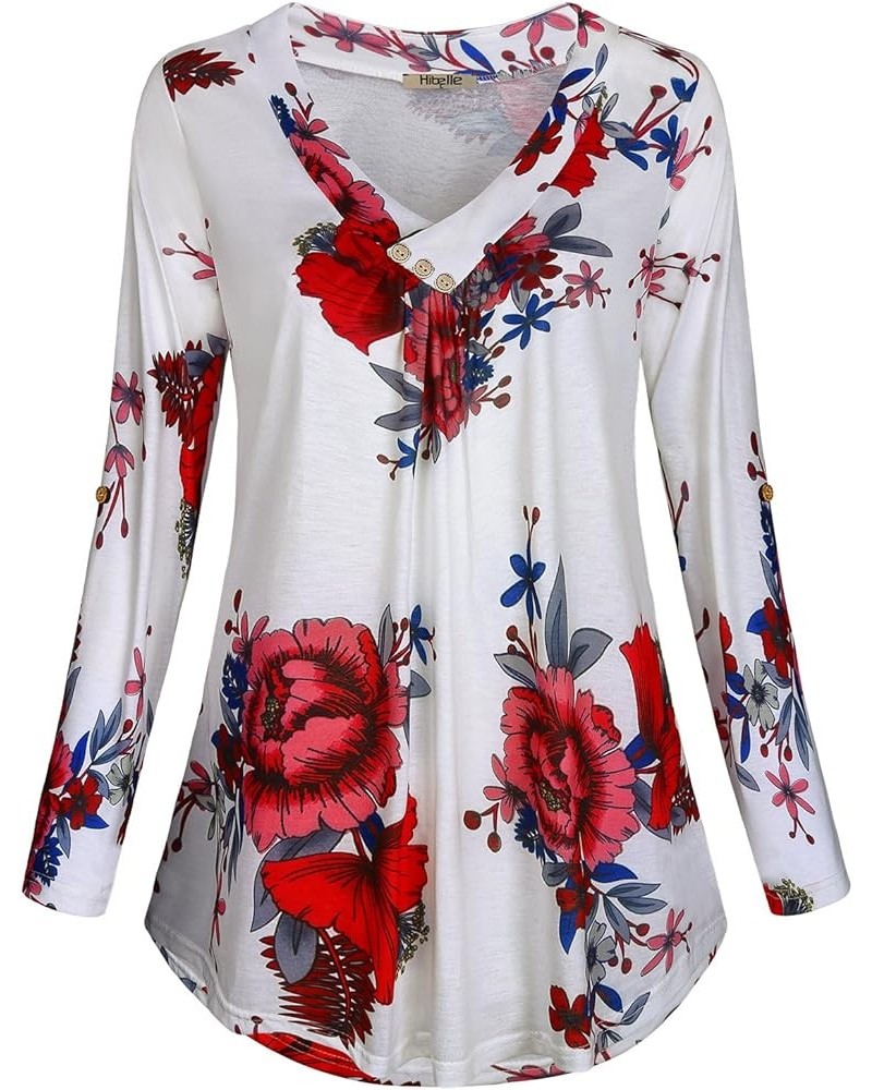 Women's Roll-up Long Sleeve Tunic Tops Solid/Stripe/Floral V Neck Casual Blouses Shirts White $12.90 Tops