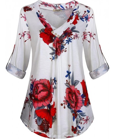 Women's Roll-up Long Sleeve Tunic Tops Solid/Stripe/Floral V Neck Casual Blouses Shirts White $12.90 Tops