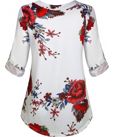 Women's Roll-up Long Sleeve Tunic Tops Solid/Stripe/Floral V Neck Casual Blouses Shirts White $12.90 Tops