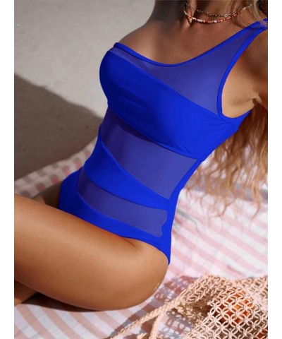 Sexy One Piece Swimsuit for Women One Shoulder Monokini Bathing Suits Tummy Control Mesh Swimwear Blue $20.79 Swimsuits