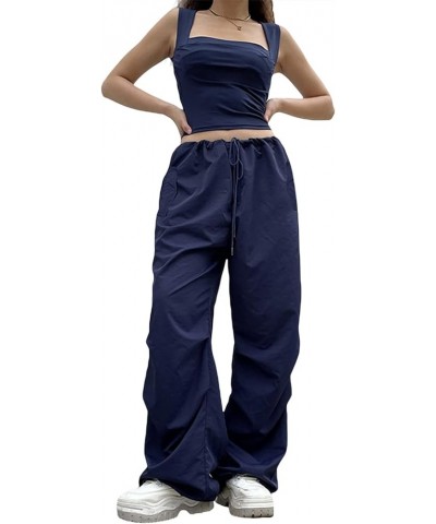 Women Y2K Baggy Cargo Pants Low Waist Straight Wide Leg Pants Vintage Ripped Jeans Streetwear E-drawstring Blue $9.66 Jeans