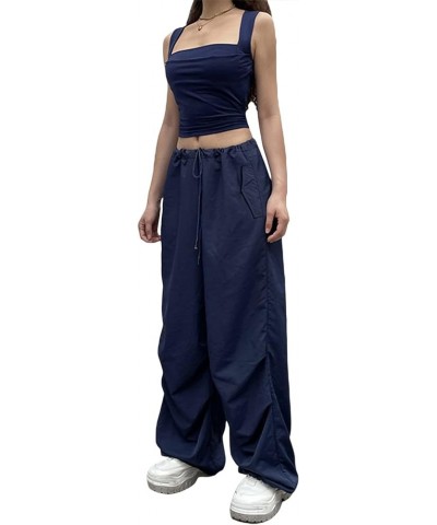 Women Y2K Baggy Cargo Pants Low Waist Straight Wide Leg Pants Vintage Ripped Jeans Streetwear E-drawstring Blue $9.66 Jeans