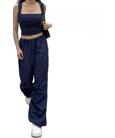 Women Y2K Baggy Cargo Pants Low Waist Straight Wide Leg Pants Vintage Ripped Jeans Streetwear E-drawstring Blue $9.66 Jeans