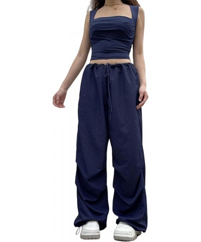 Women Y2K Baggy Cargo Pants Low Waist Straight Wide Leg Pants Vintage Ripped Jeans Streetwear E-drawstring Blue $9.66 Jeans