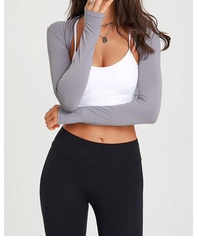 Women Workout Long Sleeve Open Front Bolero Athletic Shrug Cardigan Crop Top Arm Sleeve Cooling Shawl Thumb Hole Light Grey $...