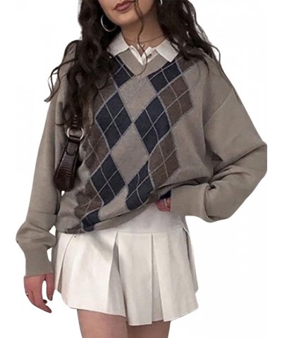 Women Argyle Plaid Sweater Pullover Long Sleeve Preppy Style Streetwear Crew Neck Knit Sweater Autumn Winter Top D-brown Rhom...