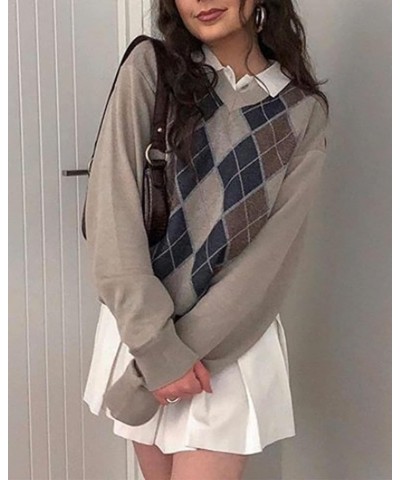 Women Argyle Plaid Sweater Pullover Long Sleeve Preppy Style Streetwear Crew Neck Knit Sweater Autumn Winter Top D-brown Rhom...