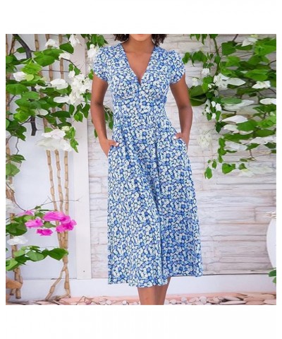 Summer V Neck Floral Print Party Dress Women Vintage Short Sleeve Dress Spring Loose Pocket A-Line Dress Red $18.36 Dresses