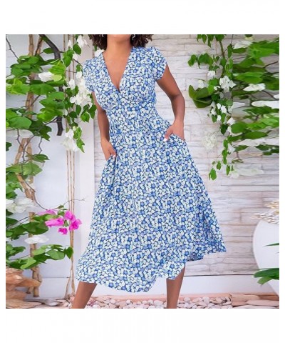 Summer V Neck Floral Print Party Dress Women Vintage Short Sleeve Dress Spring Loose Pocket A-Line Dress Red $18.36 Dresses