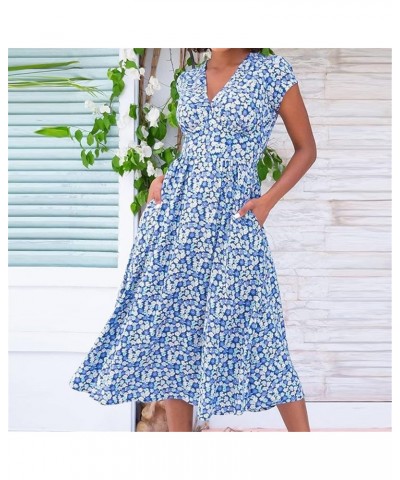 Summer V Neck Floral Print Party Dress Women Vintage Short Sleeve Dress Spring Loose Pocket A-Line Dress Red $18.36 Dresses