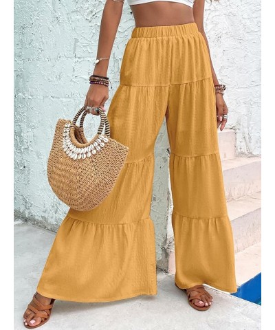 Women's Flowy Boho Elastic High Waist Ruffle Hem Wide Leg Beach Loose Palazzo Pants Orange $21.05 Leggings