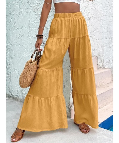 Women's Flowy Boho Elastic High Waist Ruffle Hem Wide Leg Beach Loose Palazzo Pants Orange $21.05 Leggings