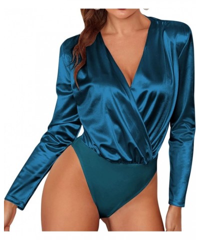 Women's Bodysuit Top Satin Long Sleeve V Neck Snap Closure Wrap Body Suits Leotard A-lake Blue $18.89 Bodysuits