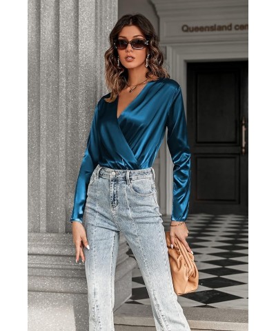 Women's Bodysuit Top Satin Long Sleeve V Neck Snap Closure Wrap Body Suits Leotard A-lake Blue $18.89 Bodysuits