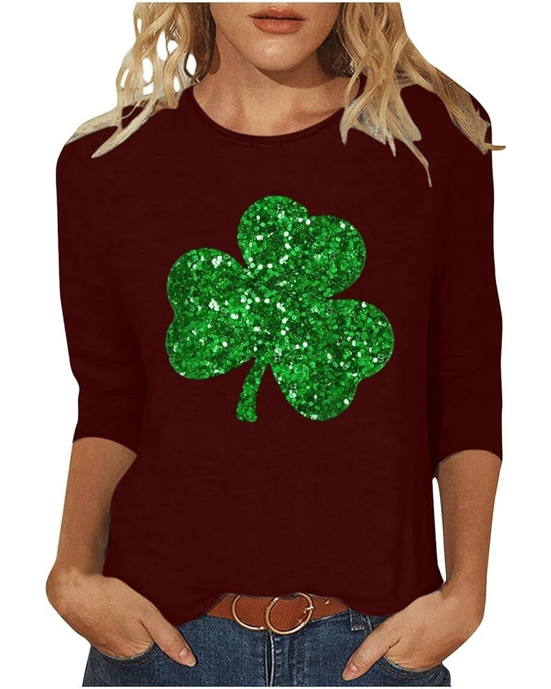 Womens St Patricks Day Shirt 3/4 Length Sleeve Tops Tunic Irish Shamrock Graphic Tees Casual Loose Blouses 07_wine St Patrick...