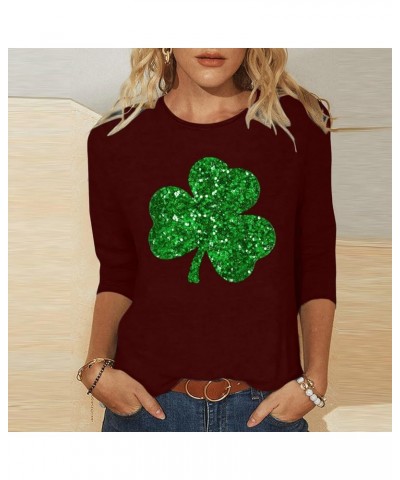 Womens St Patricks Day Shirt 3/4 Length Sleeve Tops Tunic Irish Shamrock Graphic Tees Casual Loose Blouses 07_wine St Patrick...