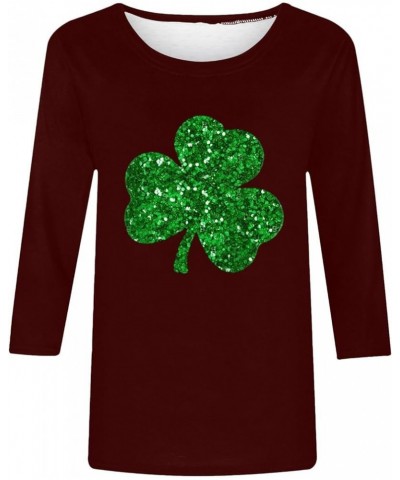 Womens St Patricks Day Shirt 3/4 Length Sleeve Tops Tunic Irish Shamrock Graphic Tees Casual Loose Blouses 07_wine St Patrick...