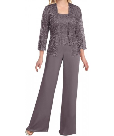 Mother of The Bride Pant Suits 3 Pieces Lace Outfit Sets for Wedding Guest Evening Party Gowns Grey $39.78 Suits