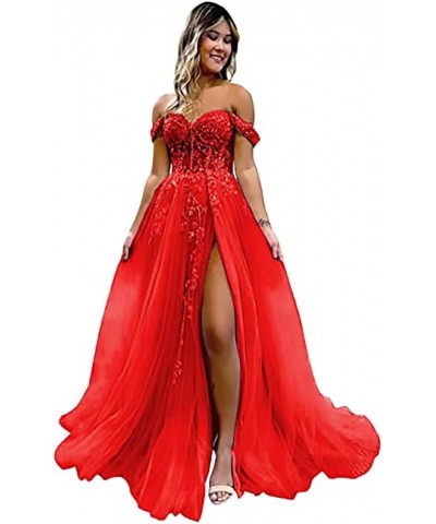 Women's Tulle Prom Dresses Lace Appliques Long Ball Gowns Strapless High Split Evening Dresses 2024 Red $35.32 Dresses