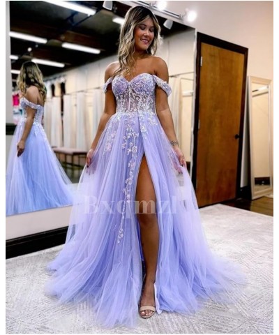 Women's Tulle Prom Dresses Lace Appliques Long Ball Gowns Strapless High Split Evening Dresses 2024 Red $35.32 Dresses