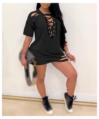 Women's Sexy Deep V Neck Halter Lace Up Mini T-Shirt Party Club Dress Ripped Black-23386 $16.49 Dresses