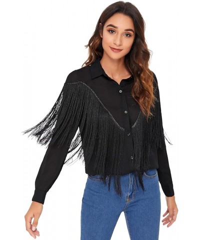 Women's Fringe Trim Long Sleeve Button Up Blouse Shirt Top Black-improved $23.52 Blouses