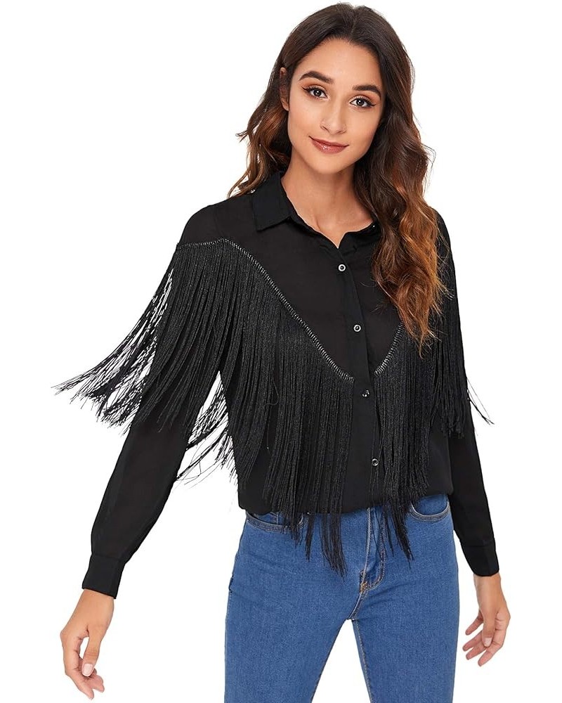 Women's Fringe Trim Long Sleeve Button Up Blouse Shirt Top Black-improved $23.52 Blouses