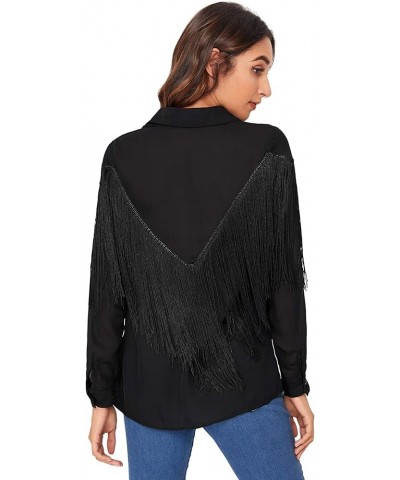 Women's Fringe Trim Long Sleeve Button Up Blouse Shirt Top Black-improved $23.52 Blouses