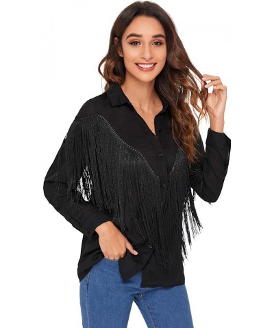 Women's Fringe Trim Long Sleeve Button Up Blouse Shirt Top Black-improved $23.52 Blouses