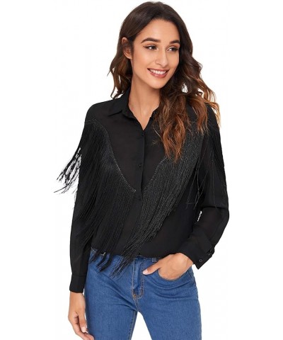 Women's Fringe Trim Long Sleeve Button Up Blouse Shirt Top Black-improved $23.52 Blouses