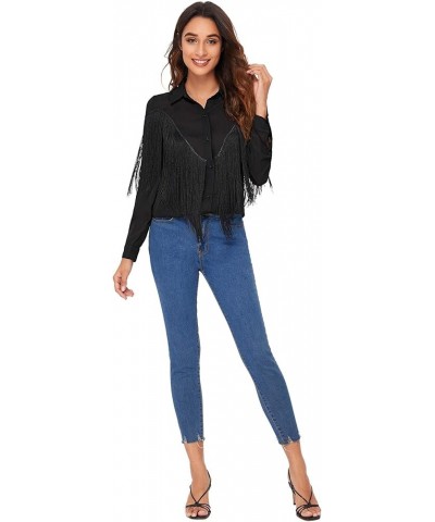 Women's Fringe Trim Long Sleeve Button Up Blouse Shirt Top Black-improved $23.52 Blouses