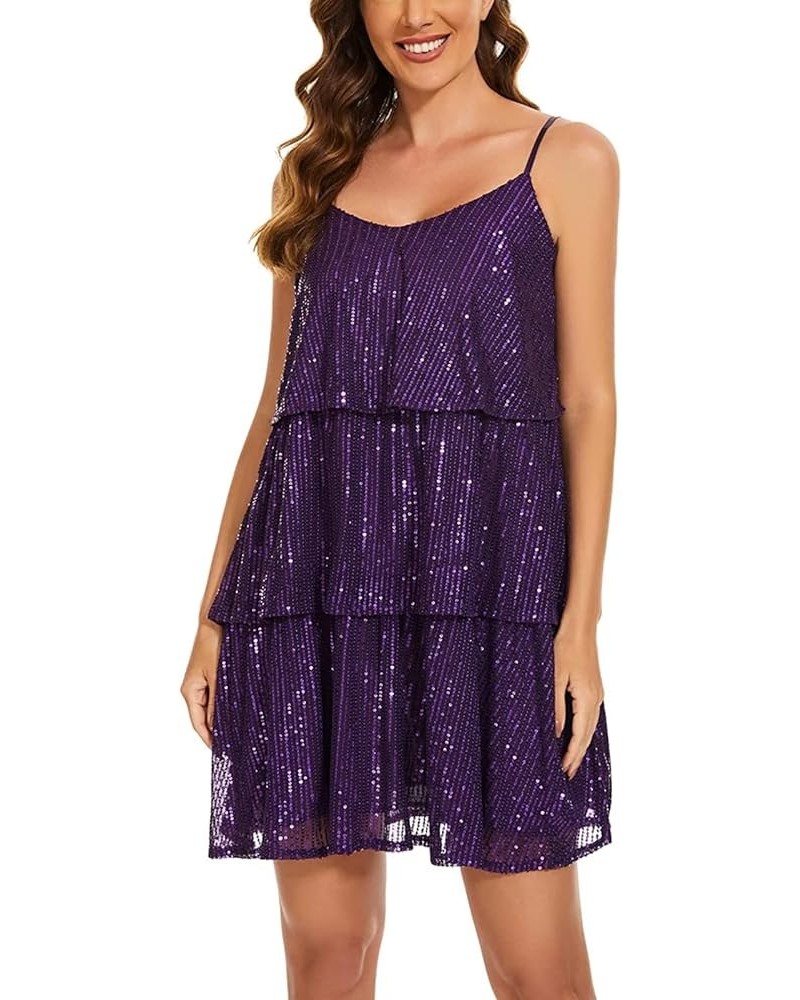 Women's Summer Glitter Sequin Mini Dress Adjustable Strap V Neck Sparkle Layered Concert Evening Party Cake Dress Purple $9.2...