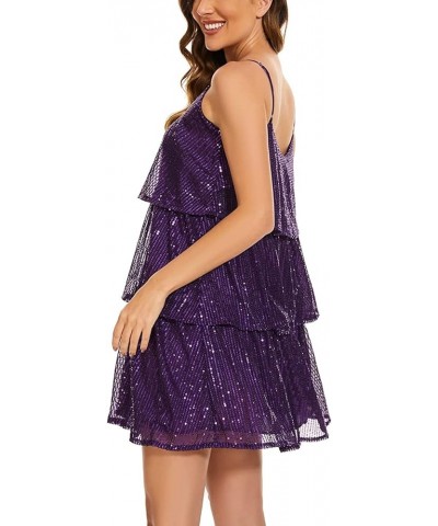 Women's Summer Glitter Sequin Mini Dress Adjustable Strap V Neck Sparkle Layered Concert Evening Party Cake Dress Purple $9.2...