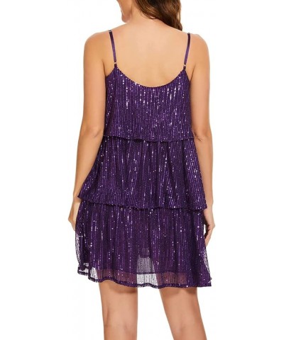 Women's Summer Glitter Sequin Mini Dress Adjustable Strap V Neck Sparkle Layered Concert Evening Party Cake Dress Purple $9.2...