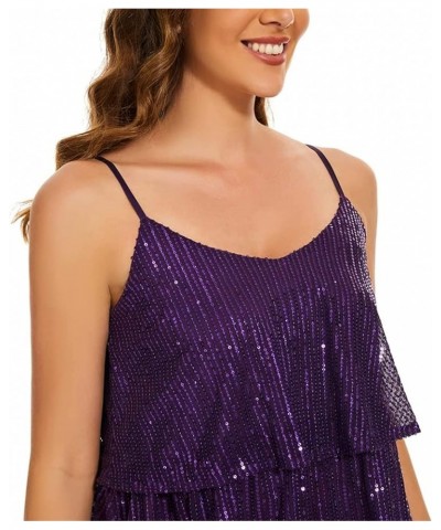 Women's Summer Glitter Sequin Mini Dress Adjustable Strap V Neck Sparkle Layered Concert Evening Party Cake Dress Purple $9.2...