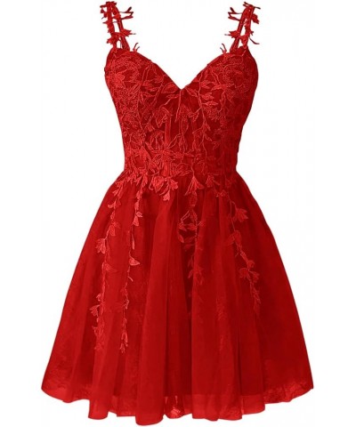 Spaghetti Straps Lace Homecoming Dress for Teens Short Applique Tulle Short Prom Dresses Cocktail Gown Red $38.40 Dresses